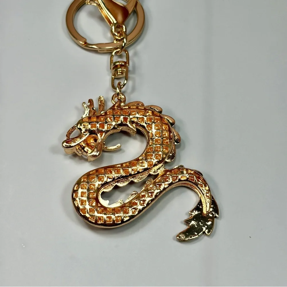 Asian Gold Dragon Keychain with Red Crystal Accents